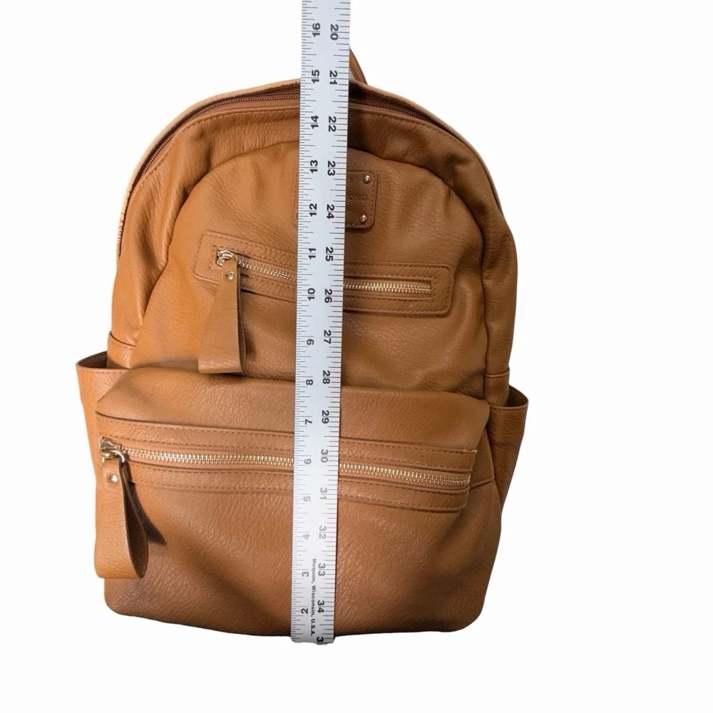 Miss Fong Brown Faux Leather Backpack Diaper Bag Multi Pocket Striped Lining